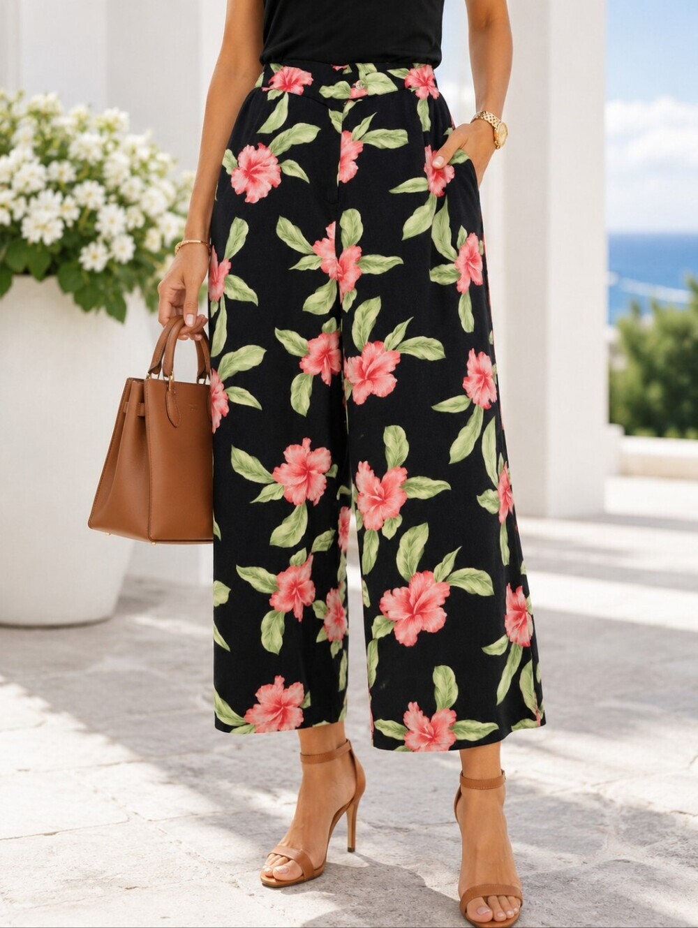 Beechers Brook for Fairweather Rayon Floral Wide Leg Crop Pants Large Tropical